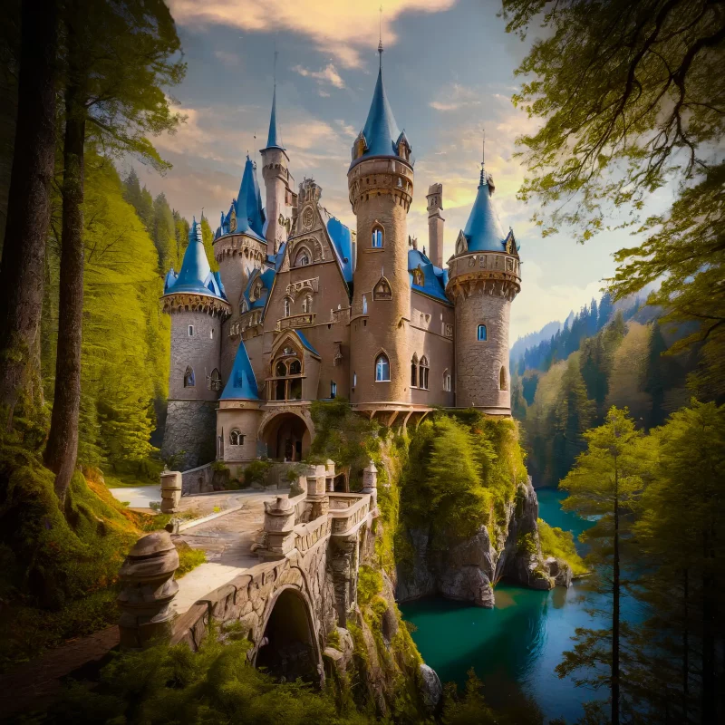 Château de conte de fée au toit bleu au fond d'une forêt